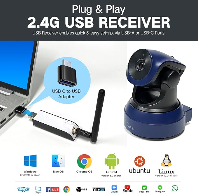 Gsou Wireless Webcam for PC/Wireless Streaming Camera 1080P HD Webcams/USB Plug and Play Webcam for Zoom MeetingSkypeOBS(with Mini Tripod Stand) Adjustable Computer Camera for Mac/Laptop/MacBook