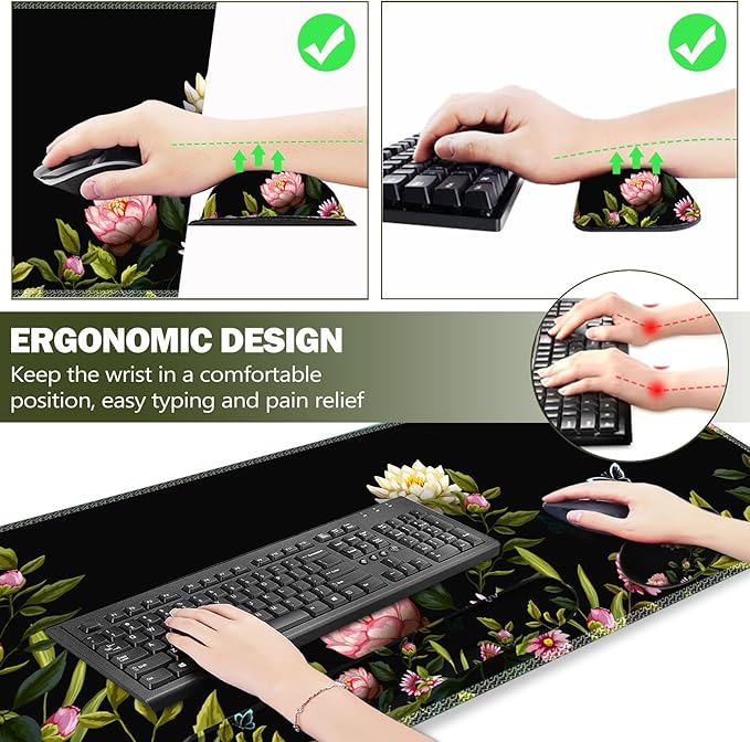 ARTSO Gaming Mouse Pad Wrist Support Set XXL Large Desk Mat Mousepad + Keyboard Wrist Support+ Mouse Wrist Rest+Coaster 4in1 Ergonomic Stitched Edge for Home Office -Flowers and Butterflies