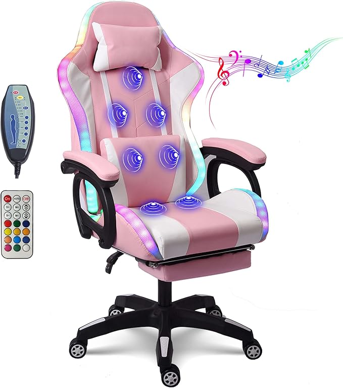 TBQATNTS Gaming Chair with RGB LED Light Ergonomic Massaging Computer Gaming Chair Video Gaming Chair with Footrest Reclining Gaming Chair with Speakers Office ChairPink