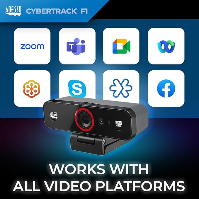 Adesso CyberTrack F1 1080P HD Fixed Focus USB Windows Hello Webcam Camera for Desktop PC Built-in Dual Microphone Privacy Shutter Audio/Video Mode Privacy ON/Off Switch &amp Tripod Mount