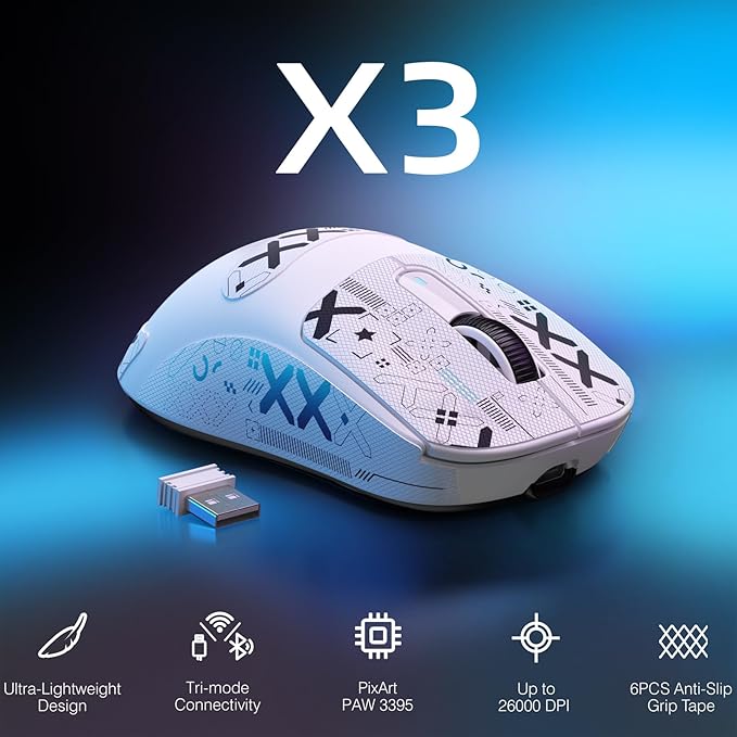 ATTACK SHARK X3 Lightweight Wireless Gaming Mouse 49g Tri-Mode Bluetooth/2.4G/USB-C Wired Mouse PAW3395 26K DPI Sensor 200h Battery Life Programmable Buttons Griptape for PC/Laptop/Mac