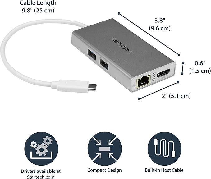 StarTech.com USB-C Multiport Adapter - USB-C Travel Docking Station w/ 4K HDMI - 60W Power Delivery Pass-Through GbE 2pt USB-A 3.0 Hub - Portable Mini USB Type-C Dock for Laptop - White TAA