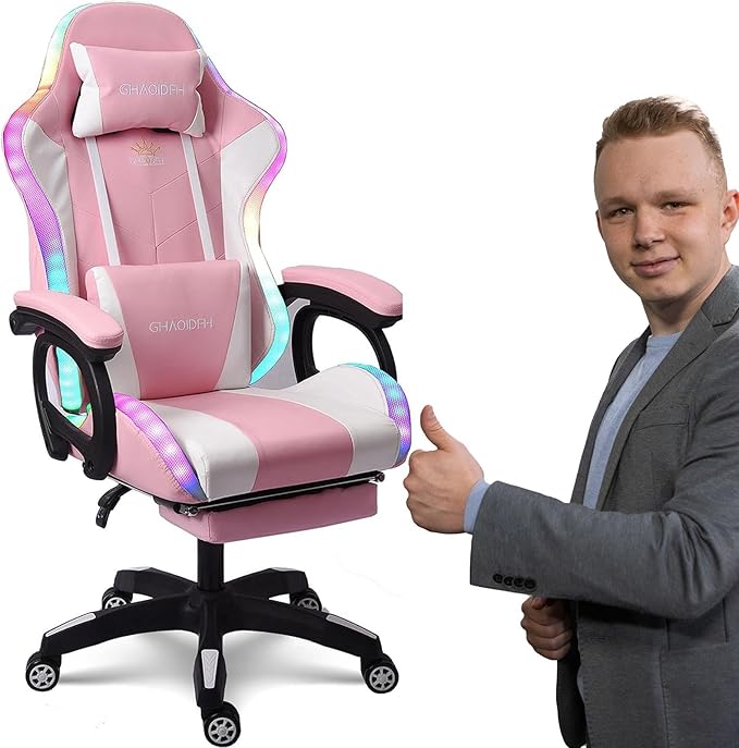 Video Gaming Chair with FootrestGame Chair with Bluetooth SpeakersComputer Chair with LED LightsErgonomic Massage Gaming Chair with Massage Function360°Swivel 90°-135° Adjustment Backrest (Pink)