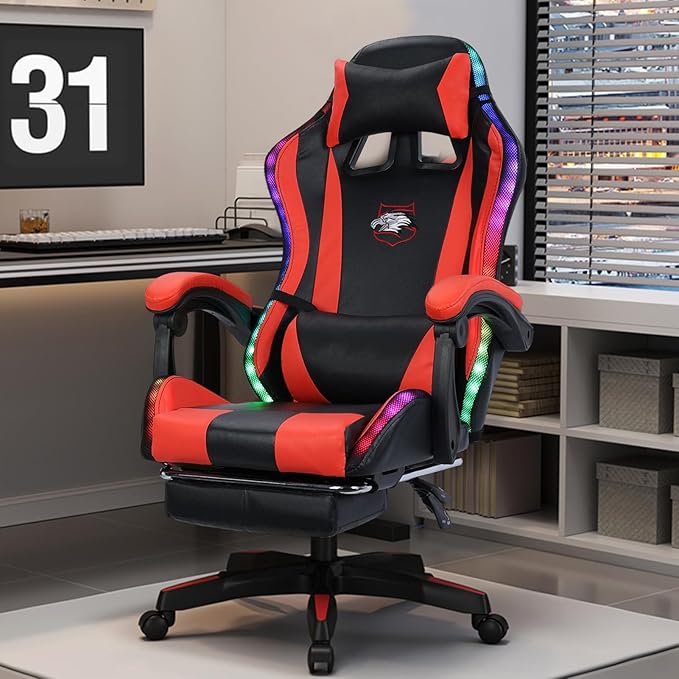 Gaming ChairComputer Chair with Footrest and Lumbar SupportHeight Adjustable Game Chair with 360° Swivel Seat and Headrest for Office&ampGamingOffice Chair with Bluetooth Speakers&ampLED Lights (