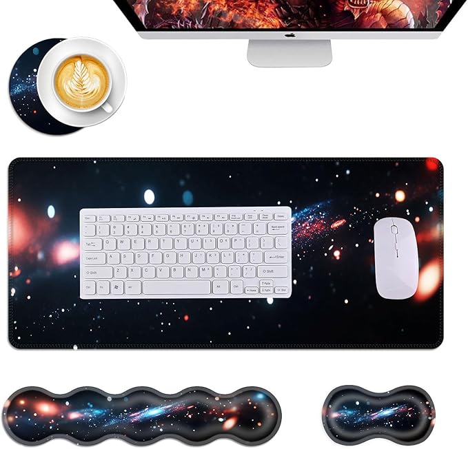 Mouse PadLarge Desk Mat Set 4in1 XL Mousepad + Keyboard Wrist Rest+Mouse Wrist Rest+Coaster with Ergonomic Desk Pad for Home Office Table Computer Cover -Colorful Galaxy Nebula