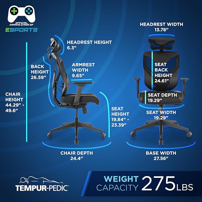 Tempur-Pedic Blaze Auto-Adaptive Ergonomic Gaming Chair with Lumbar Support and 3D Armrest Adjustment Cooling Racing Style Gaming Chair Black