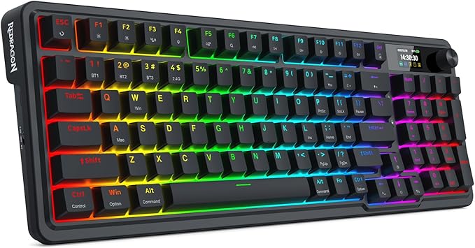 Redragon K719 Wireless Gasket Gaming Keyboard w/Hype Screen &amp Knob 95 Keys Mechanical Keyboard Easy-Control 1.14’’ TFT Info Display 5-Layer Noise Dampening Custom Linear Switch Essential Blac