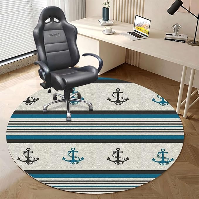 Pale Blue White PU Leather Gaming Chair Mat Round Floor Mats Marine Anchor Striped Background Office Chair Computer Gaming Desk Mat for Rolling Chair Non-Slip Gaming Rug Anchor Diameter 39.4 in