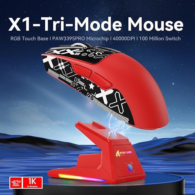 X1 Superlight Wireless Gaming Mouse with RGB Magnetic Charging Dock BT/2.4G Wireless/Wired Gaming Mouse PAW3395PRO Gaming Sensor 40000DPI Tape 53g Office Mice for PC/Mac/Win/Xbox (Red)