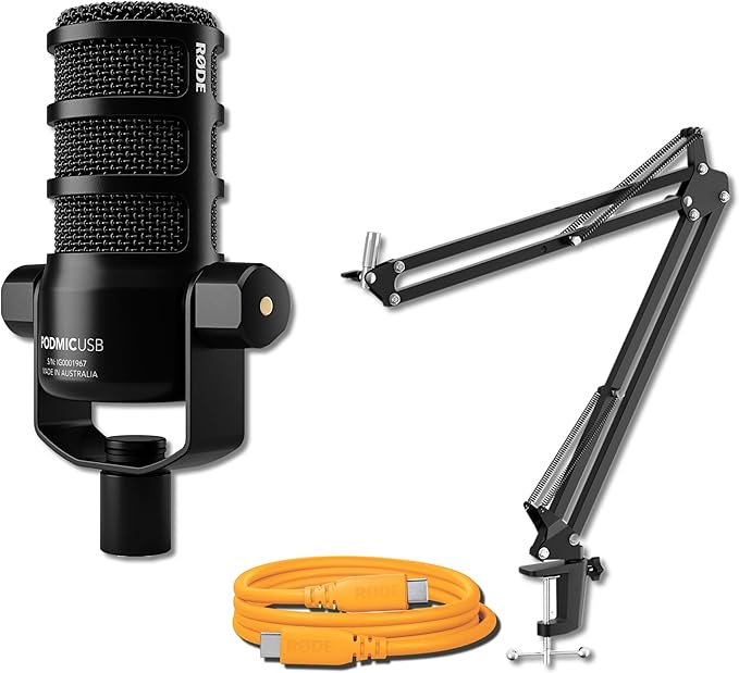 Rode PodMic USB Dynamic Broadcast Microphone with Rode SC27 Orange USB-C to USB-C Cable and StreamEye Adjustable Boom Arm