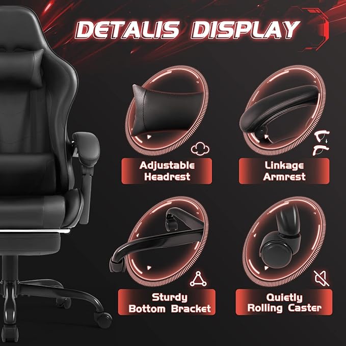 Shahoo Gaming Chair Video Gaming Chair with Footrest and Lumbar Support Ergonomic Computer Chairs with 360° Swivel and Height Adjustable Spin Chair with Headrest for Home Office Study Room (Black)