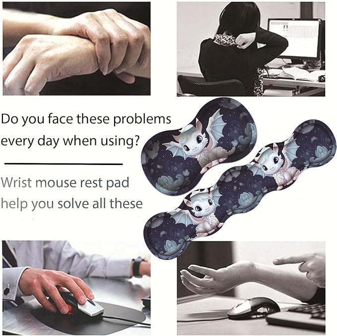 Large Gaming Table Pad 31.5 x 11.8 + Keyboard Wrist Pad + Mouse Wrist Pad + Coaster Non-Slip Base 4-in-1 Set Ergonomic Memory Foam Easy Typing Pain Relief Cute Little White Dragon