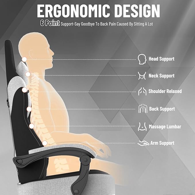 Ferghana Cotton Fabric Gaming Chair with Wider Seat Cushion Shield-Shaped Embroidery Ergonomic High Back Game Chair with Footrest Computer Chair with Massage Lumbar Support for Adult Black/White