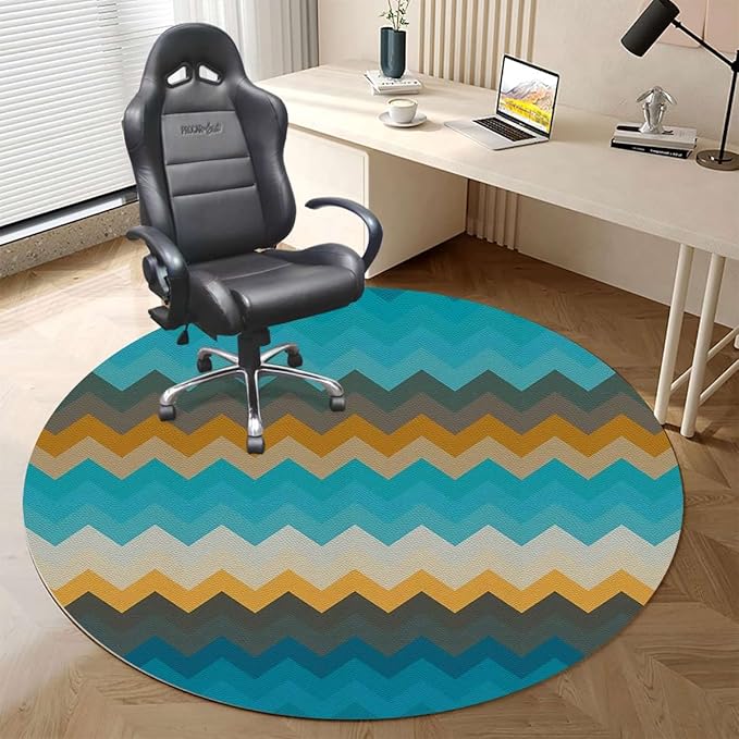 Multicolor PU Leather Decorative Round Rug Office Chair Mat Waves Geometric Retro Style Tiling Protector for Hardwood Tile Floor Multi-Purpose Anti-Slip Desk Chair Mat Classic Diameter 47.2 in