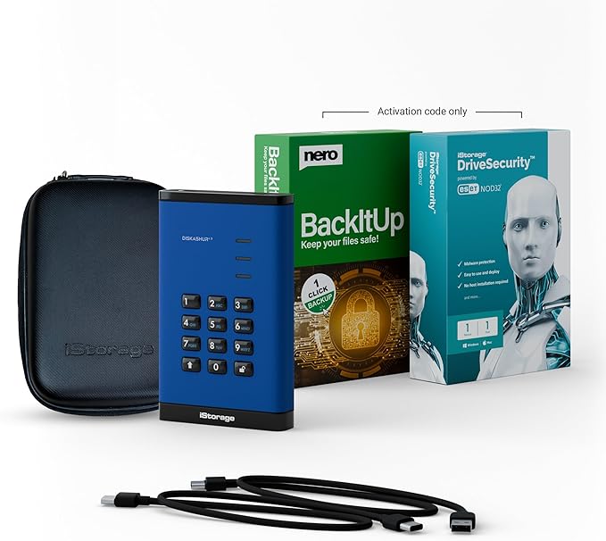 iStorage diskAshur3 HDD 500GB Blue - Secure Portable Hard Drive - Password Protected - Dust &amp Water Resistant - Hardware Encryption