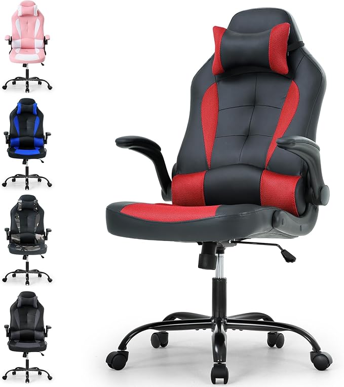 Meet perfect Gaming Chair Ergonomic Office Chair Desk Chair Leather Computer Chair Lumbar Support and Head Pillow Modern Executive Chair Adjustable Rolling Swivel Task Chair Home Office Chair Red
