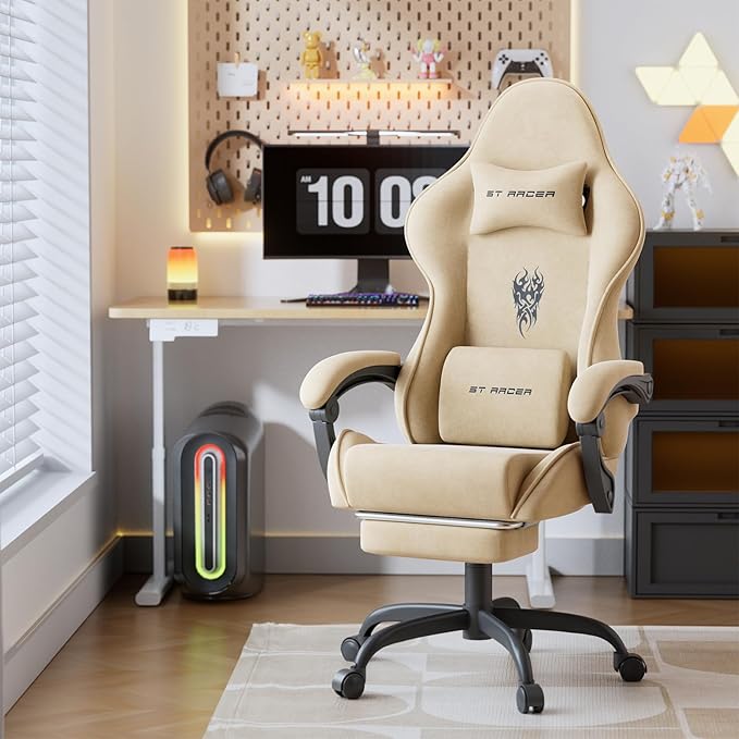 Ferghana Velvet Fabric Gaming Chair Ergonomic Gamer Chair for Adult Comfortable Video Game Chair with Footrest and Massage Lumbar Cushion Racing Reclining Office Home Computer Desk Chair Beige