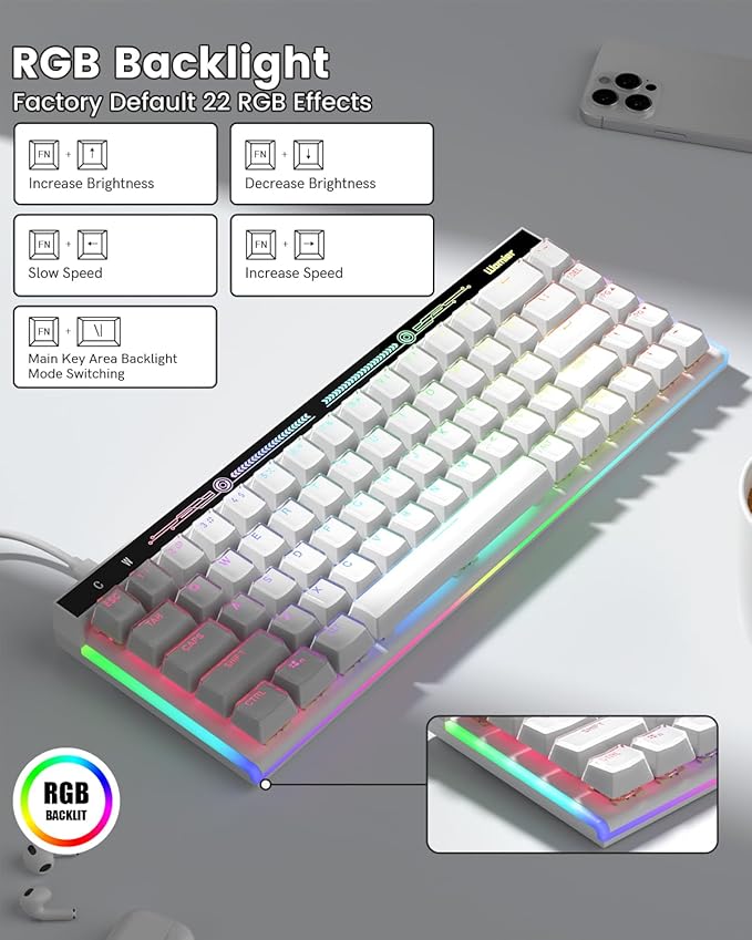 VK68 65% Gaming Keyboard Wired Backlit Mini Keyboard Ultra-Compact Anti-Ghosting No-Conflict 68 Keys Gaming Wired Keyboards for PC Laptop Windows Gamer White