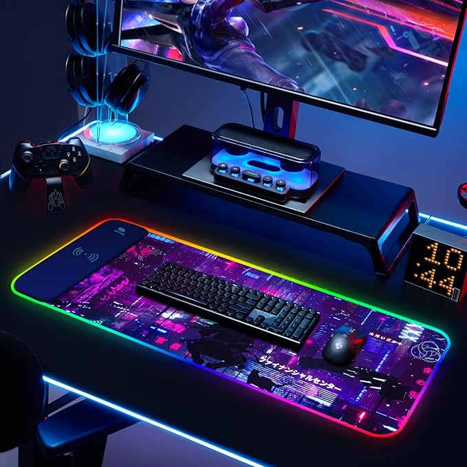 RGB Mouse Pad with 15W Wireless Charging Purple Anime Neon Extended Large LED Gaming Mouse Pad Non-Slip Rubber Base 10 Light Modes Desk Pad for Home Office-Warrior Cat