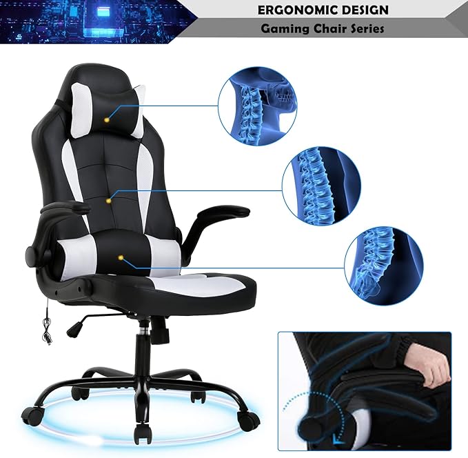 Massage Gaming Chair for Adults PC Silla Gamer Cheap Game Ergonomic Desk with Headrest Lumbar Support High Back Video Chairs Kids Ages 8-12 White 1