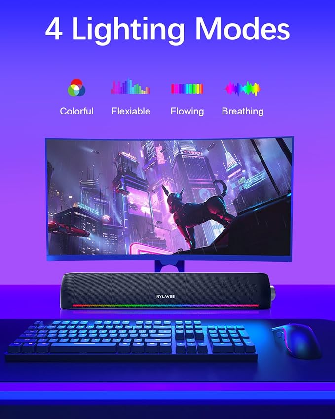 Computer Speakers Hi-Fi Sound Quality Computer Sound Bar Bluetooth 5.0 &amp 3.5mm Wired PC Speakers with 4 Dynamic Lighting Modes USB Powered Speakers for PC Desktop Laptops Phones Monitors X