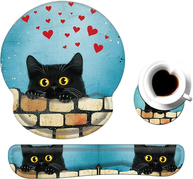 Keyboard Wrist Rest and Mouse Pad Wrist Support Set with CoasterComfortable for Easy TypingPain ReliefMemory Foam Keyboard Pad Set for Laptop MacCute Black Cat