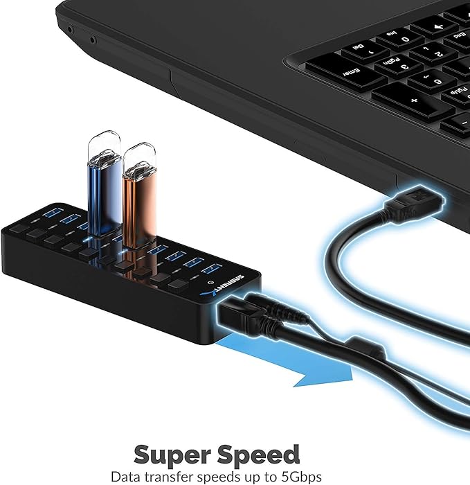 SABRENT 10-Port 60W USB 3.0 Hub with Individual Power Switches and LEDs Includes 60W 12V/5A Power Adapter (HB-BU10)
