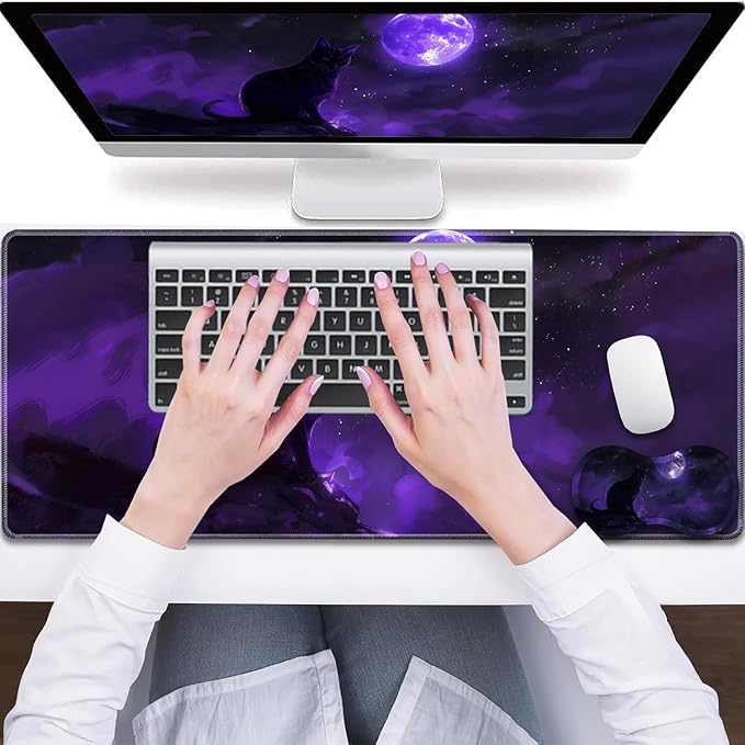 Large Gaming Mouse Pad + Wrist Rest + Lace Coaster Non-Slip Set with Sewn Edges and Waterproof Expandable Desktop Pad Suitable for Office/Home Black Cat and Purple Moon