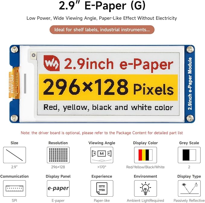 waveshare 2.9inch E-Paper Display (G) E-Ink Display 296x128 Red/Yellow/Black/White SPI Interface with Driver Board