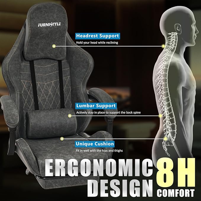 Gaming Chair Video Game Chairs with Large Headrest Linkage Armrests Retro PU Leather Ergonomic Computer Chair for Gaming or Office Grey