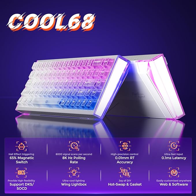 DAREU COOL68 60% Wired Gaming Keyboard Rapid Trigger Magnetic Switch Keyboard with 8000Hz Polling Rate Adjustable Actuation 0.1ms Latency Gasket Mount Hot swappable RGB Light