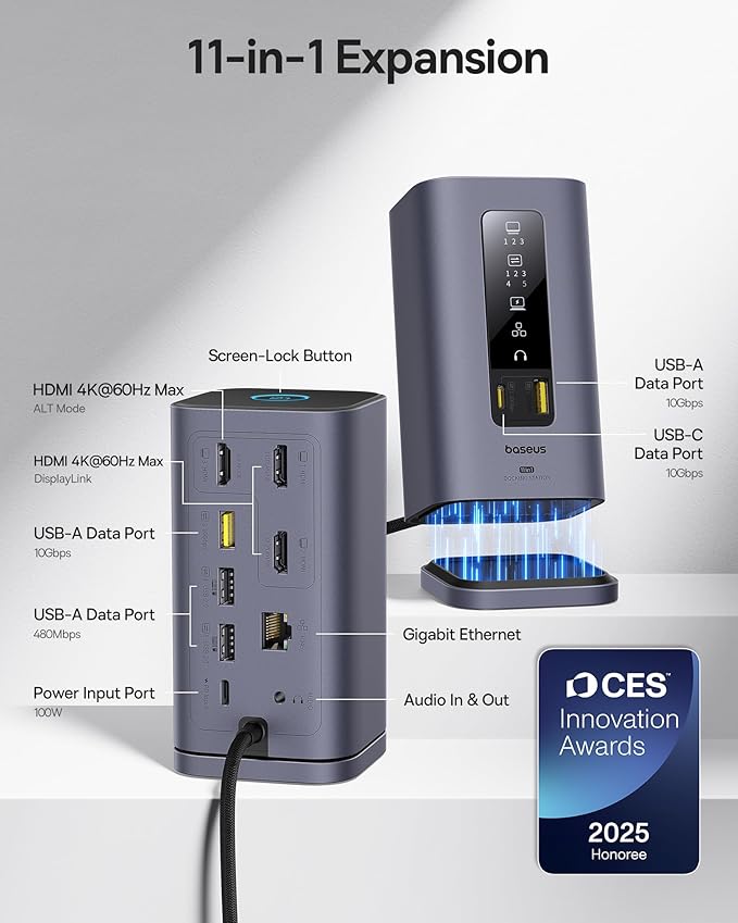 Baseus SpaceMate(MAC) Docking Station USB C Docking Station 3 Monitors with 4K HDMI 10Gbps USB Ports 100W PD Gigabit Ethernet Audio Laptop Docking Station for Mac &amp Win