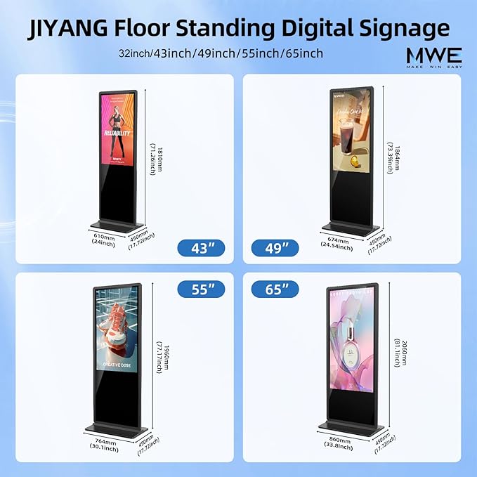 JIYANG 32 Inch Indoor Touchscreen Digital Signage Floor Standing Digital Interactive Kiosks LCD Totem Monitor with WiFi/USB Input Auto Media Player Android System