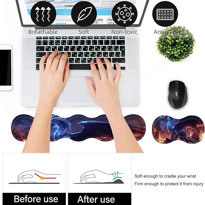 Bxgolkgd Desk Mat SetMouse Pad with Keyboard Wrist Rest &amp Mouse Wrist RestWave-Shaped DesignNon-Slip Rubber BaseErgonomic Desk Mat for HomeOfficeGamingDragon