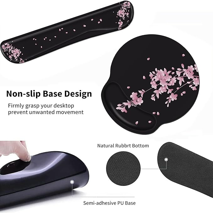 Wrist Rests for Keyboard and Mouse Support Gel Pad + Screen Cleaning Pad + Coaster Cloth Wipes for Laptop/Computer Screen Ergonomic Memory Foam Mousepad for Gaming/Work Cherry Blossoms