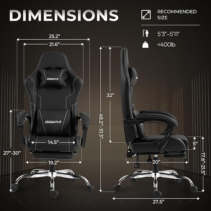 Gaming Chair with Footrest &amp Massage Lumbar Ergonomic Computer Chair 330lbs with Headrest Pillow for Office Home Streaming and Long Gaming SessionsDark Black