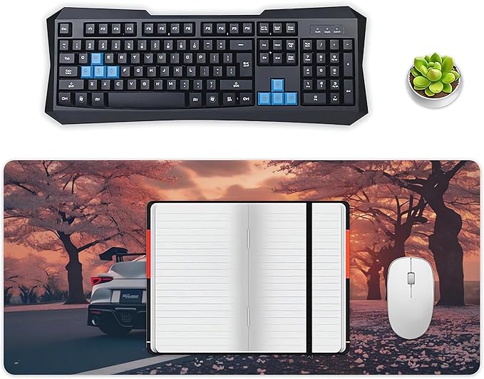 Car Mouse Pad with Stitched Edges Cherry Blossoms JDM Desk Mat Cool Sunset Desk Pad Computer Accessories Gaming Office Decor Keyboard Pads for Desk Rubber 40x90cm