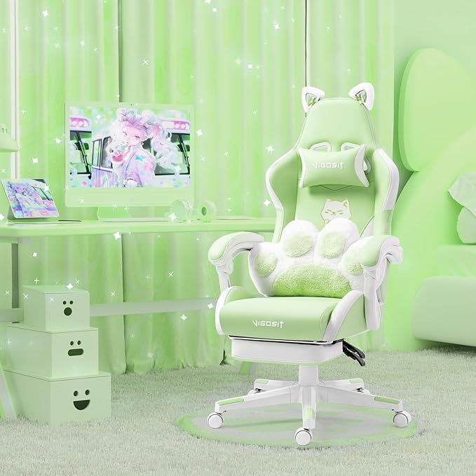 Cute Cat Ears Gaming Chair for Women Girls - Ergonomic PU Leather Office Chair with Footrest cat paw Pillow 360° Swivel Recliner Green