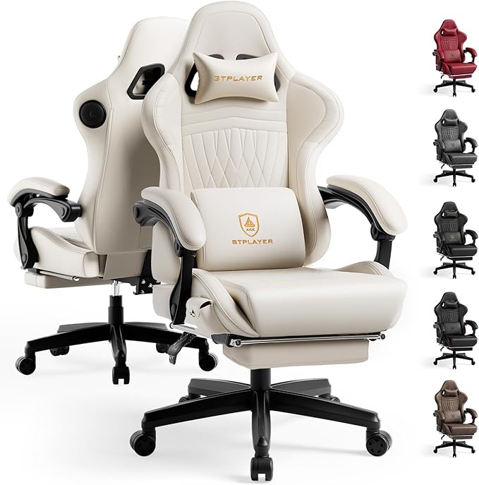 GTPLAYER ACE-PRO Music Gaming Chairs – Built-in Speakers App Support &amp Bluetooth Control Computer Game Chairs with Footrest for Adults Ergonomic Reclining Silla Linkage Armrest Ivory