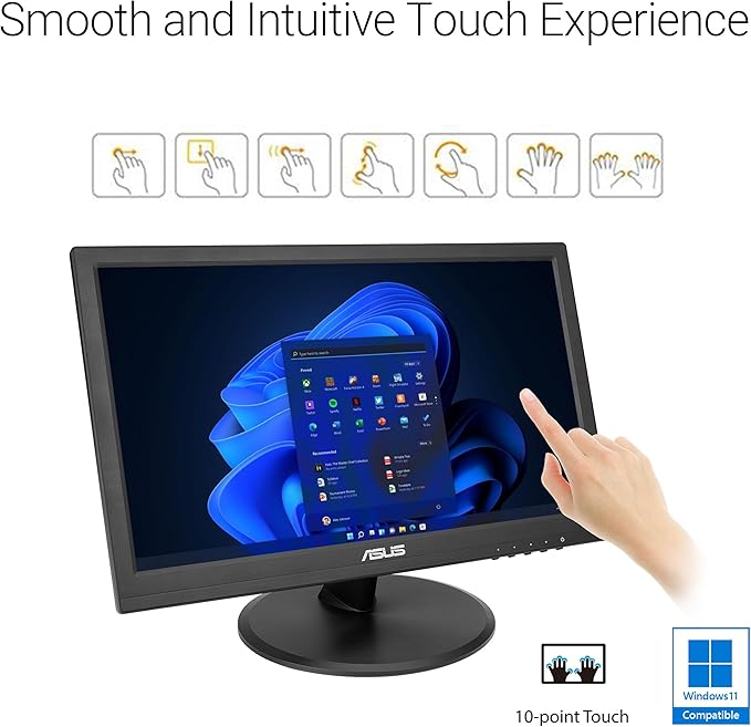 ASUS 15.6” 1080P Touch Monitor (VT169HE) - Full HD 10-Point Touchscreen IPS Wide Viewing Angle Frameless Eye Care Flicker Free Low Blue Light HDMI Windows 11 Compliance VESA Mountable