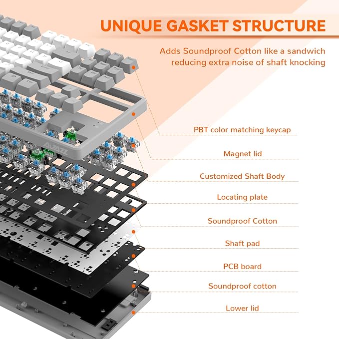 MAGIC-REFINER AK873 Wired 75% TKL Gaming KeyboardHot-Swappable Blue SwitchPBT KeycapRainbow Led BacklitErgonomic Mechanical Keyboard+Custom Coiled USB/Type-C Aviation Cable for PC/Mac (Gray White)