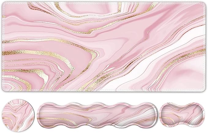 Gaming Mouse Pad Keyboard Wrist Support 4 in1 Mousepad Set with Wrist Keyboard Rest Computer Desk Mat Non-Slip Desk Pad Protector with Memory Foam Easy Typing Pain Relief I Pink Gold Marble