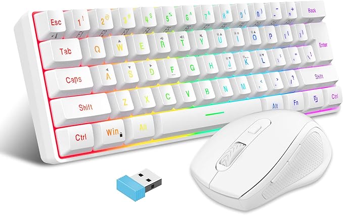 Snpurdiri 2.4G Wireless Gaming Keyboard and Mouse Combo Include Small 60% Merchanical Feel Ergonomic Design Mini Wireless Mouse(White)
