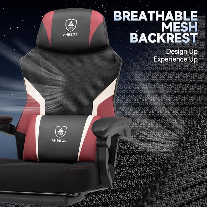Ergonomic Mesh Video Gaming Chair with Footrest Height Adjustable Computer Chair with Lumbar Support High-Back Breathable Reclining Swivel Chair for Adults Home Office &amp Work (Red)