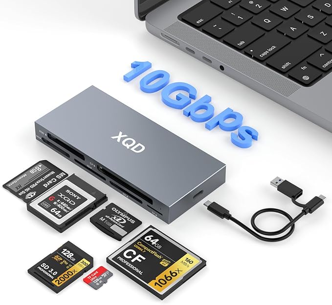 10Gbps XQD Card Reader 8 in 1 Multi-Card Reader USB C for Sony G/M Series Lexar 2933x/1400x USB Mark XQD Card/CF/XD/MS/TF/SD Memory Card Reader/Writer/Hub USB 3.2 for Windows/Linux/Mac OS/Android