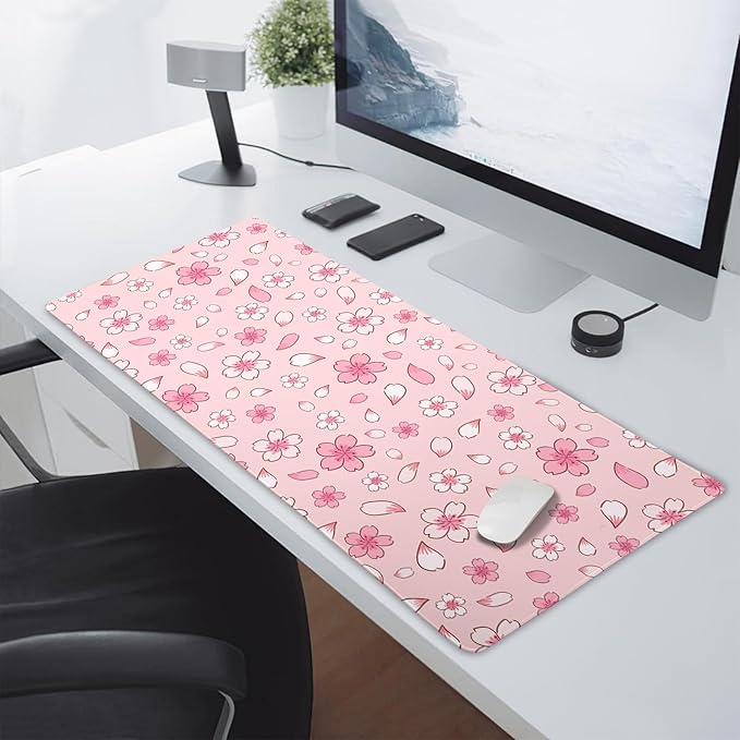 Pink Cherry Blossom Gaming Mouse Pad Extended 3XL Cute Anime Aesthetics Floral Kawaii Flower Large Mousepad Non-Slip Rubber Base Stitched Edge Long Keyboard Desk Mat for Computer47.2x23.6 In120x60cm