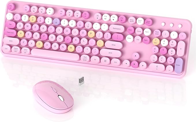 Colorful Wireless Keyboard and Mouse Combo COVEVA 2.4GHz Wireless Retro Cute Round Keycaps Keyboard 104 Keys Full-Sized Keyboard Mouse Set with Switch Button for PC Laptop Desktop (Pink Colorful)
