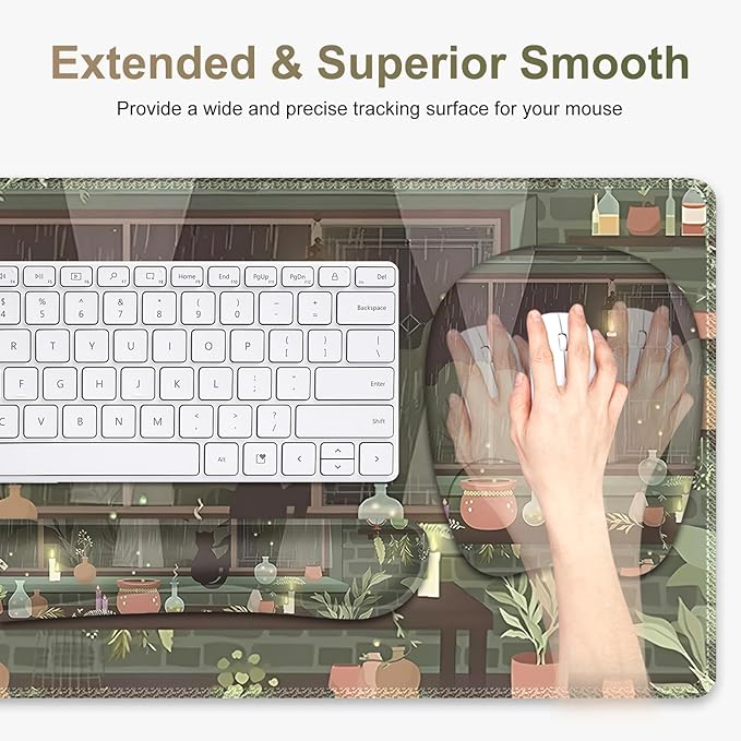 Aesthetics Large Mouse Pad with Wrist Support 4 in1 Set XXL Big Game Mousepad + Keyboard Wrist Rest + Mouse Wrist Rest Pad +Coaster Gaming Mat for Home Office Computer I Green Plants and Black Cat