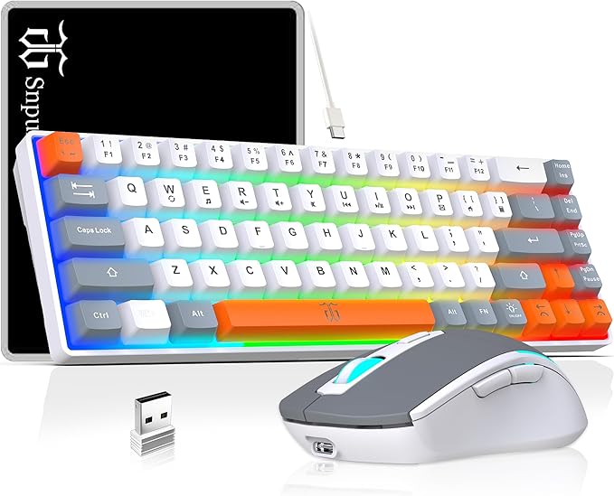 Snpurdiri 60% Wireless Gaming Keyboard and Mouse ComboRainbow Backlit Rechargeable 2000mAh BatteryMini Mechanical Feel Keyboard +Popular RGB Mice for GamingBusiness Office(Gray-White-Orange)