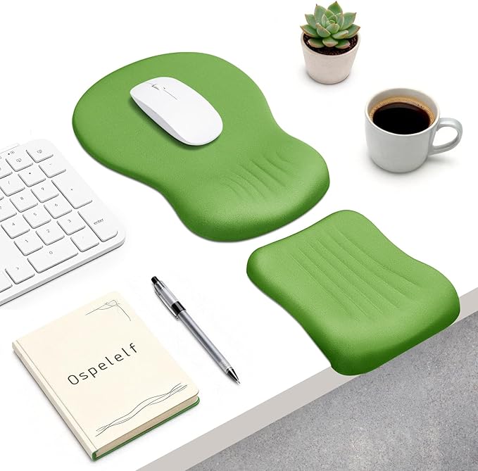 Ospelelf Mouse Pad with Wrist Rest Set Foam L-Shaped Desk Elbow Pad Ergonomic Desk Edge Cushion Anti-Slip Rubber Bottom Office Women Desk Accessories for Computer Laptop and Gaming Dark Green